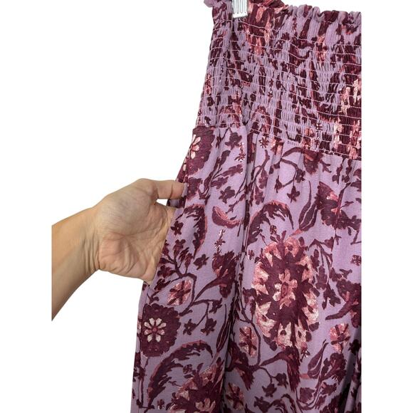 Anthropologie Smocked Waist Wide Leg Pants Purple Floral Boho Tiered Pull On XL - Picture 5 of 9